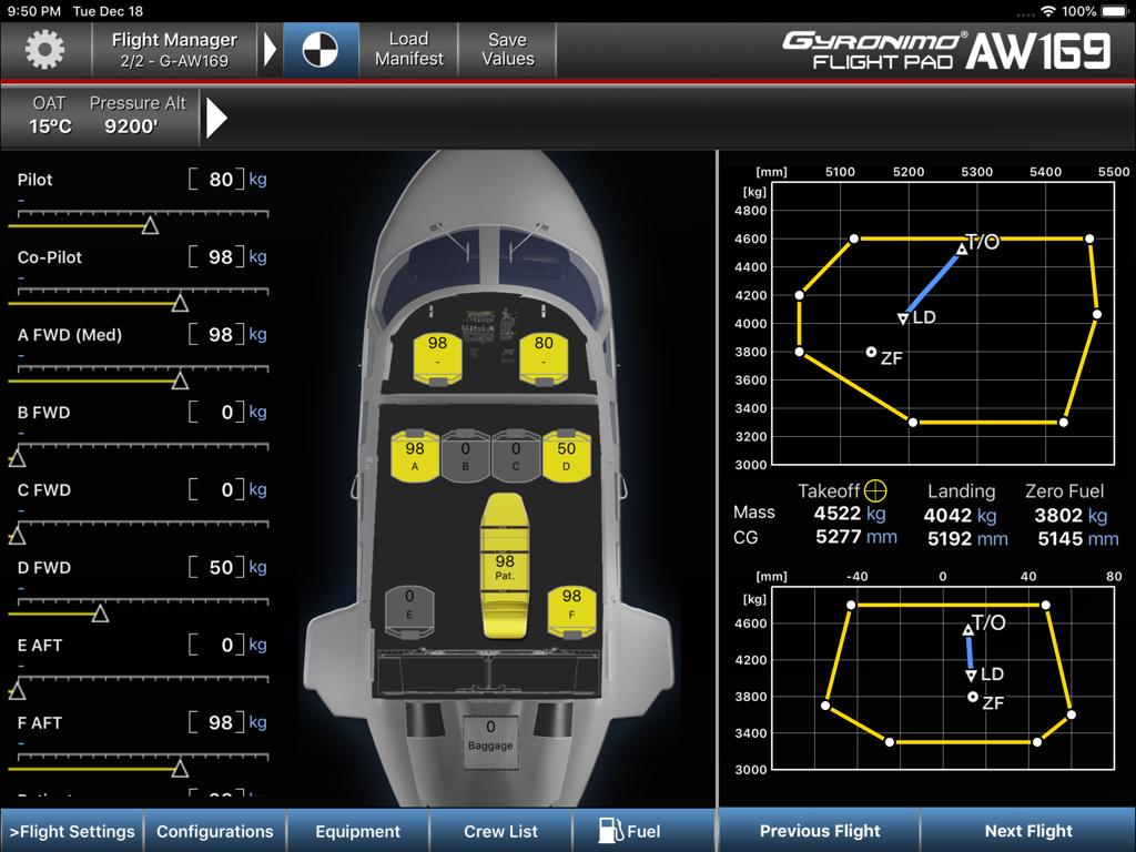 Gyronimo Flight Pad weight and balance calculator interface for an AW169 helicopter showing seat loading and center of gravity graphs