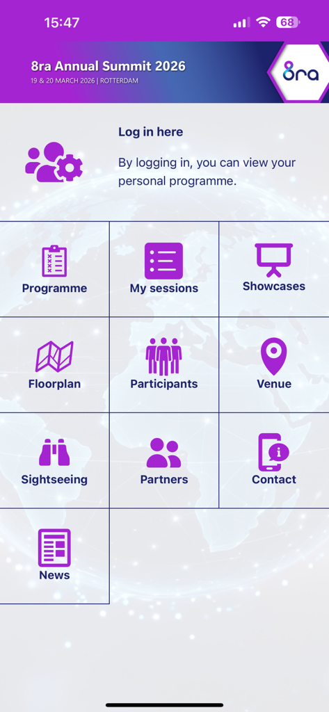 8ra/IPCEI CIS - Dashboard dell'app dell'evento 8ra Annual Summit 2026 che mostra icone di navigazione per programma, planimetria e partecipanti