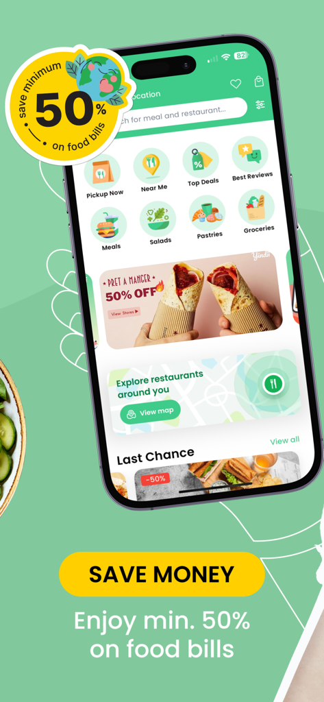 Yindii - Sustainable Food App - The Yindii app interface showing minimum 50 percent savings on food bills from restaurants like Pret A Manger.