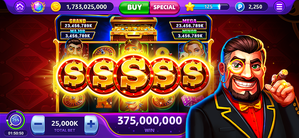 Vegas Craze Casino - Vegas Craze Casino game screen showing a massive jackpot win with golden dollar symbols and a casino host character.