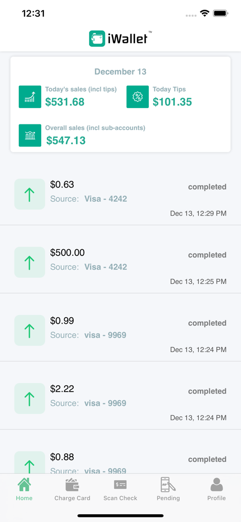 iWalletアプリのインターフェース。日々の売上概要、チップ、取引履歴を表示