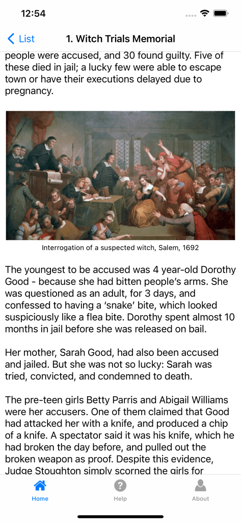 Salem Witches Tour - Salem Witches Tour app showing historical text and a painting of a witch trial interrogation