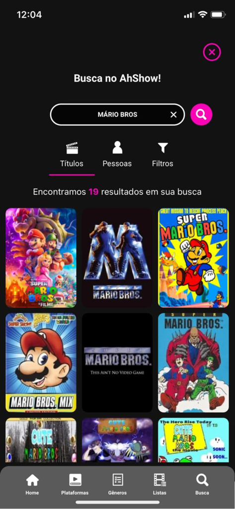 AhShow! - Interface de pesquisa do aplicativo AhShow! mostrando resultados para os títulos e pôsteres do filme Mario Bros.
