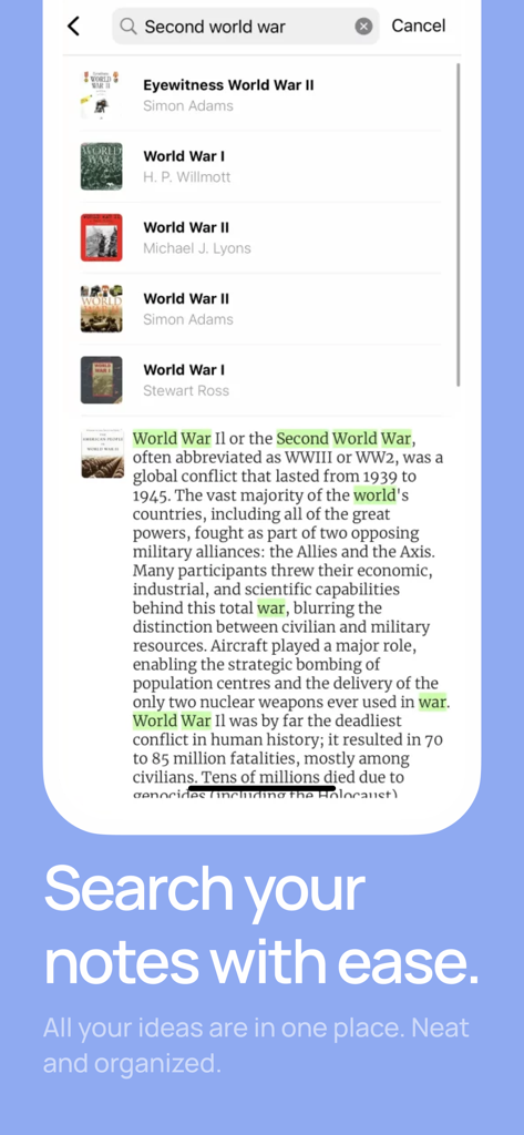 Basmo.Reading Tracker,Book Log - A smartphone screen displaying the Basmo app search feature for book notes and highlights.