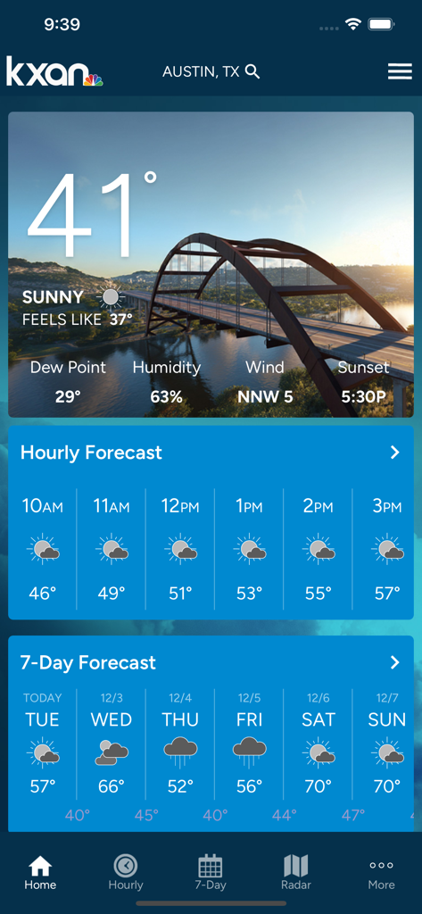 Interfaccia dell'app KXAN Meteo che mostra la temperatura attuale e le previsioni locali per Austin, Texas