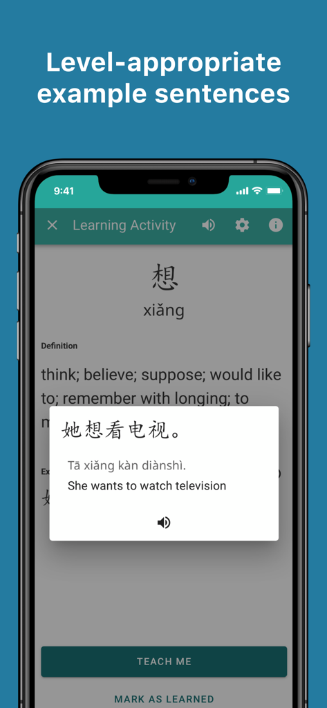 Skritter app displaying Chinese character definition and example sentence