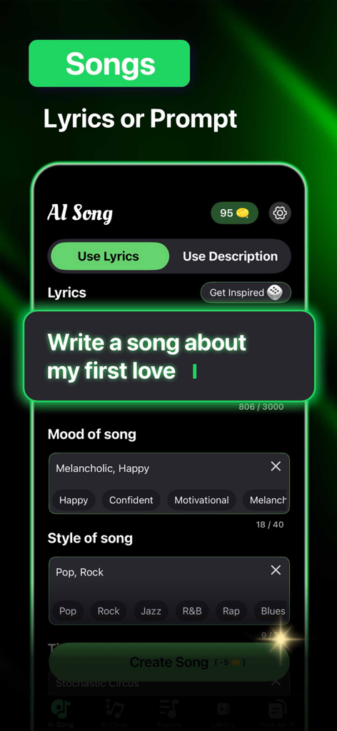 The song creation screen of the AI MusicTunes app showing a text prompt input for a song about first love and options for selecting mood and musical style