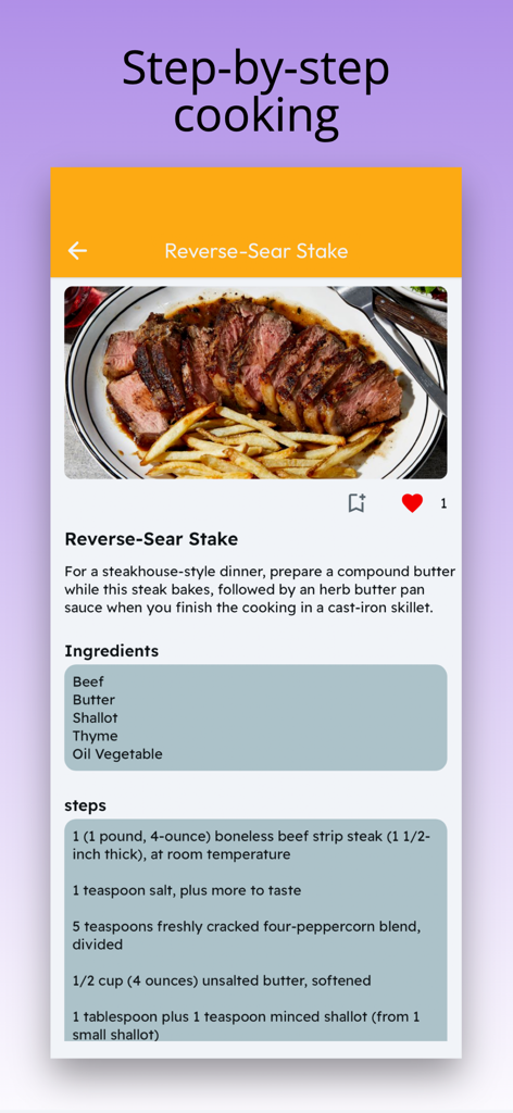Interfaz de la aplicación Recipe mkr mostrando una receta de bistec con sellado inverso con ingredientes y pasos de cocción
