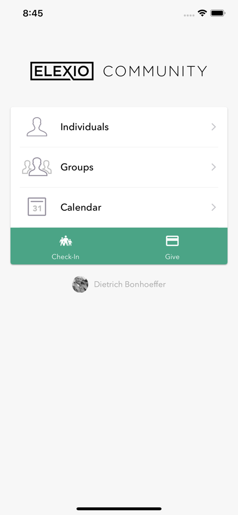 Panel de la aplicación Elexio Community con navegación para individuos, grupos, calendario, check-in y funciones de donación.