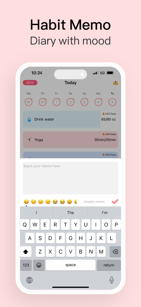 Habit Tracker app interface showing the Habit Memo feature with a mood diary and habit logs for water and yoga.