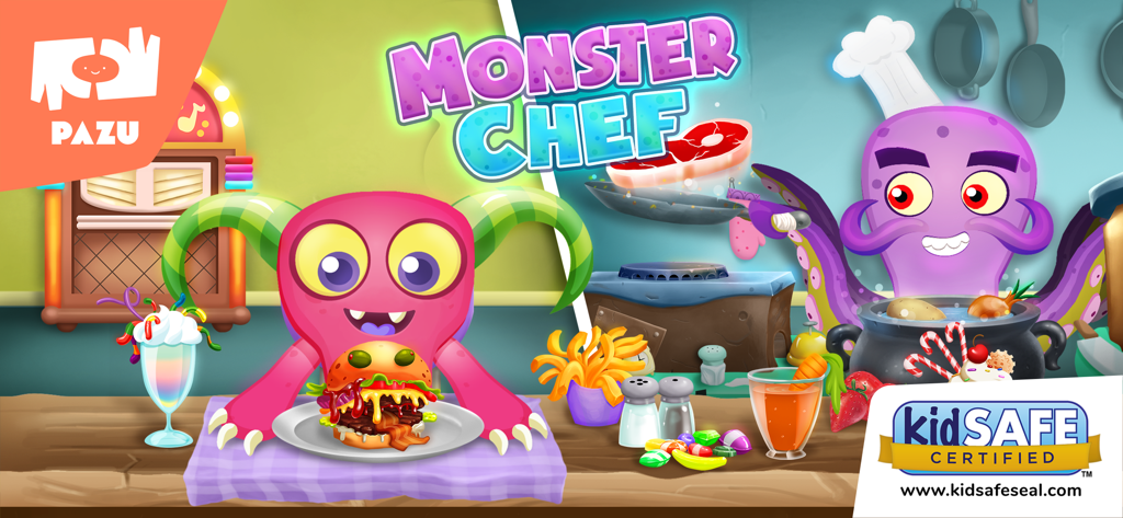 Colorful monsters preparing and eating food in the Monster Chef kitchen