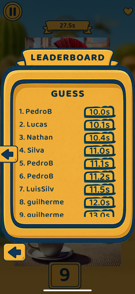 Tralalero Fight - Tralalero Fight game leaderboard for Guess Mode showing player names and completion times