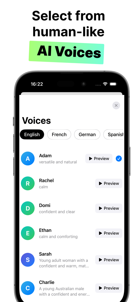 Voice Labs: AI Text To Speech - Ein mobiler Bildschirm zeigt eine Auswahl an menschenähnlichen KI-Stimmen in der Voice Labs App mit Sprachfiltern und Vorschau-Schaltflächen.