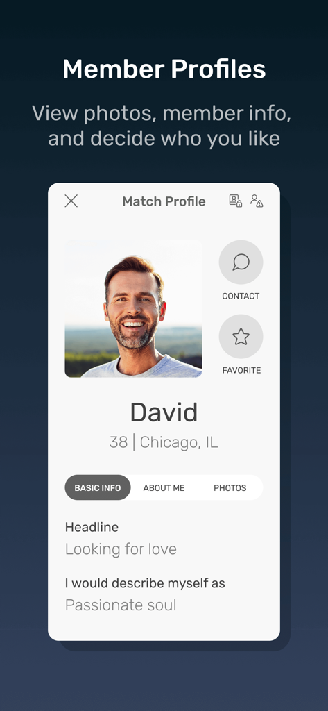 A member profile on the Disabled Singles Dating app showing David from Chicago with his photo and personal bio