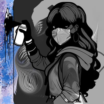 realistic girl with mask spray painting a wall