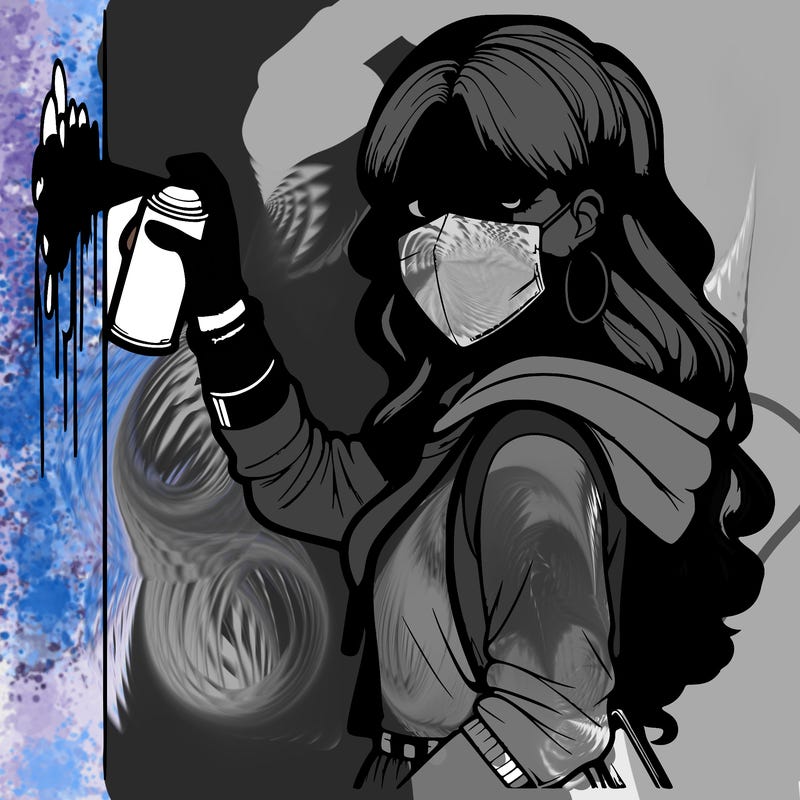 realistic girl with mask spray painting a wall