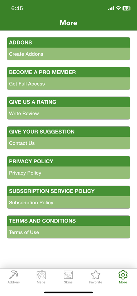 Addons, Skinseed For Minecraft - The settings and more options screen of the Addons Skinseed for Minecraft app showing buttons for pro membership and policies