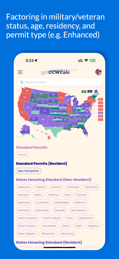A mobile application interface showing a color coded United States reciprocity map for concealed carry permits based on user status and permit types.