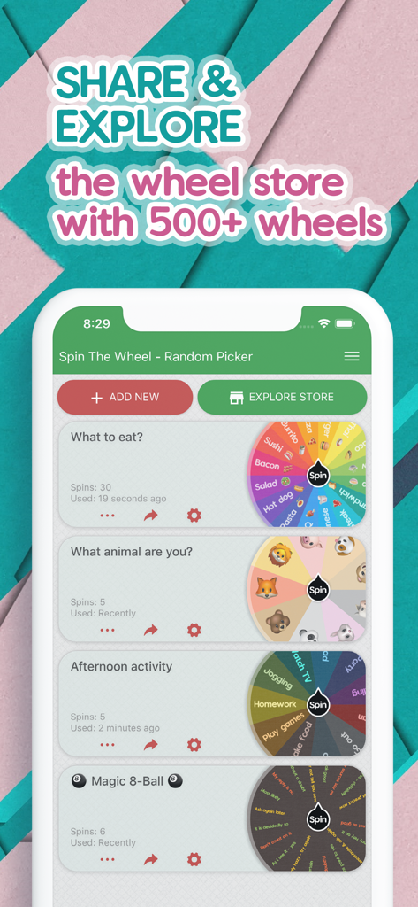 Spin The Wheel - Random Picker - Interface do aplicativo Spin The Wheel mostrando várias rodas personalizadas como O que comer e Atividade da tarde