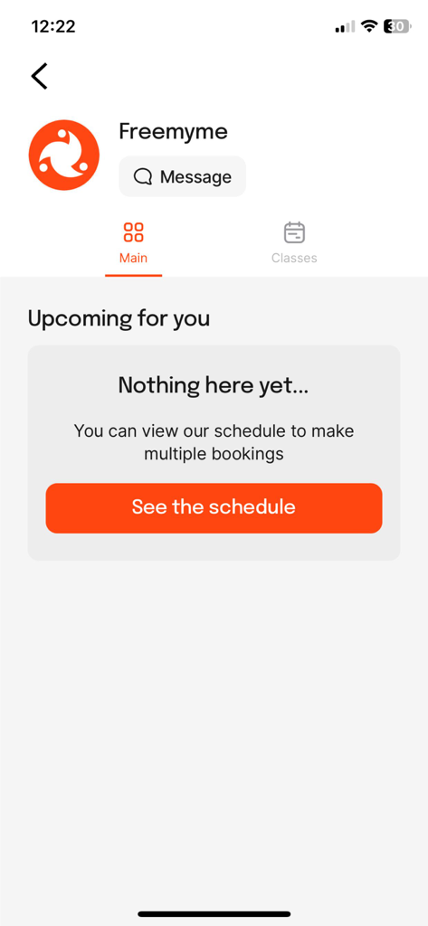 Freemyme - Freemyme fitness app dashboard showing upcoming bookings and a button to view the class schedule