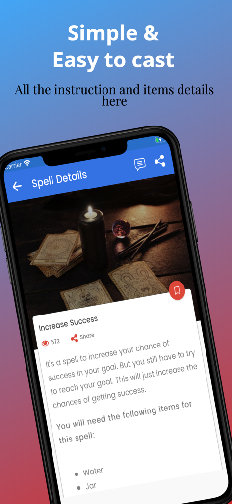 Black Magic Spell - Screenshot of the Black Magic Spell app displaying a success spell with instructions and a list of required items like water and a jar.