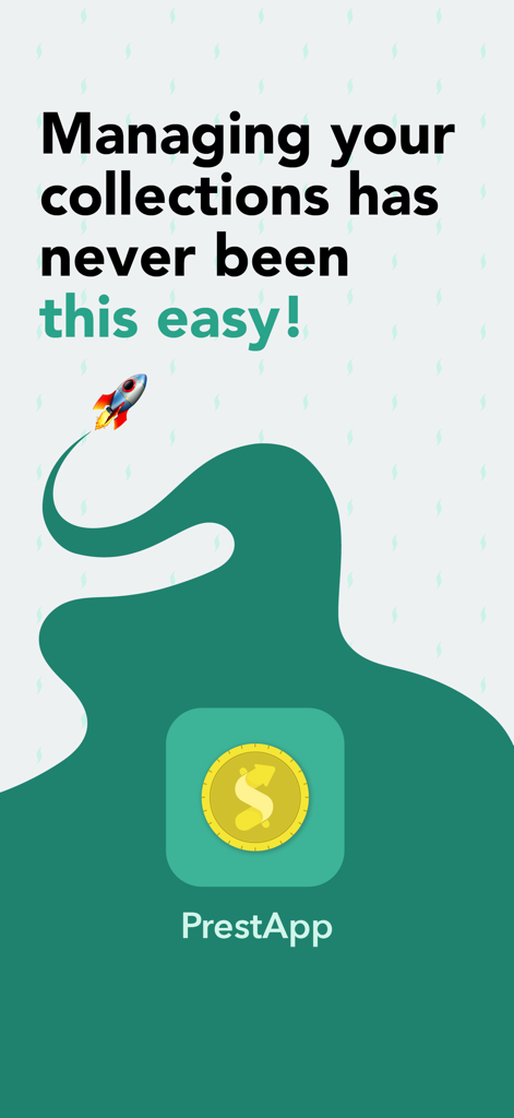 PrestAppのスプラッシュスクリーン、簡単な集金管理とロケットのグラフィック