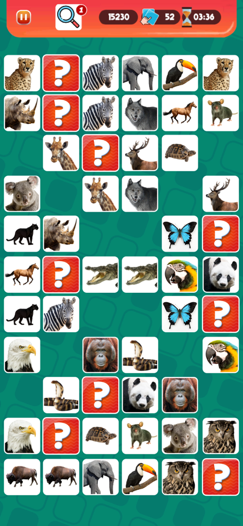 Picture Match: Memorama - Gameplay screen of a memory matching game featuring an animal card deck