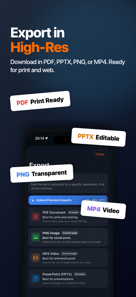 InfoGraphic and Poster Creator - Exportbildschirm der App mit Optionen zum Herunterladen von Designs in hochauflösenden PDF-, PPTX-, PNG- und MP4-Formaten für Druck und Web.