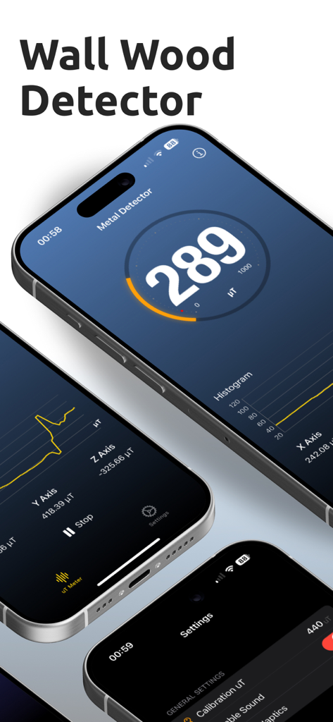 Stud Finder - Device Detector - Mobile App-Oberfläche zur Erkennung von Wandbolzen und Metallobjekten mithilfe von Magnetsensor-Messwerten