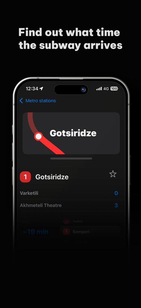 Tbilisi Bus App interface showing metro arrival times for Gotsiridze station