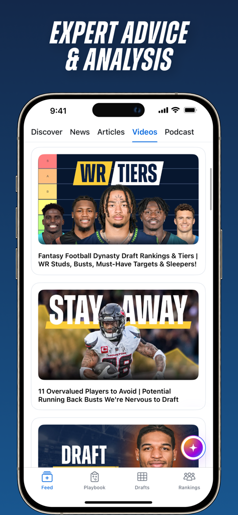 Mobile app screen displaying fantasy football expert advice videos and player rankings