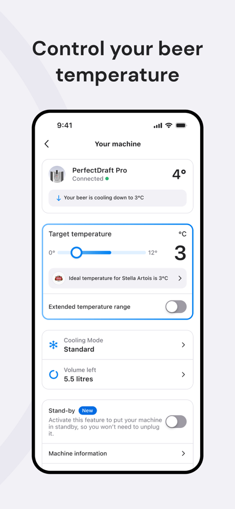 PerfectDraft app interface showing the beer temperature control settings and target temperature slider