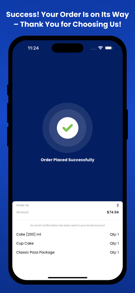 OneStop: For Every Event - Una schermata mobile che mostra una conferma d'ordine riuscita per articoli di catering per eventi, tra cui pizza e cupcake sull'app OneStop