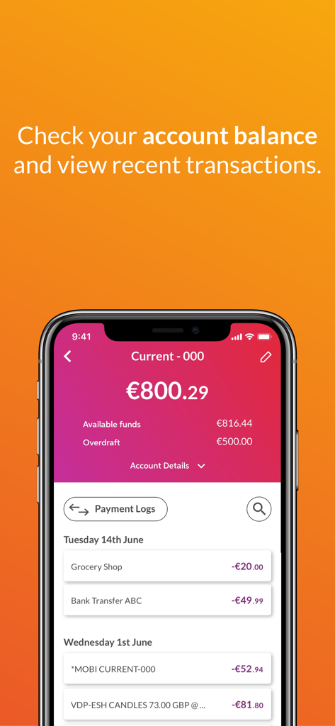AIB Mobile app screen displaying account balance and recent transactions