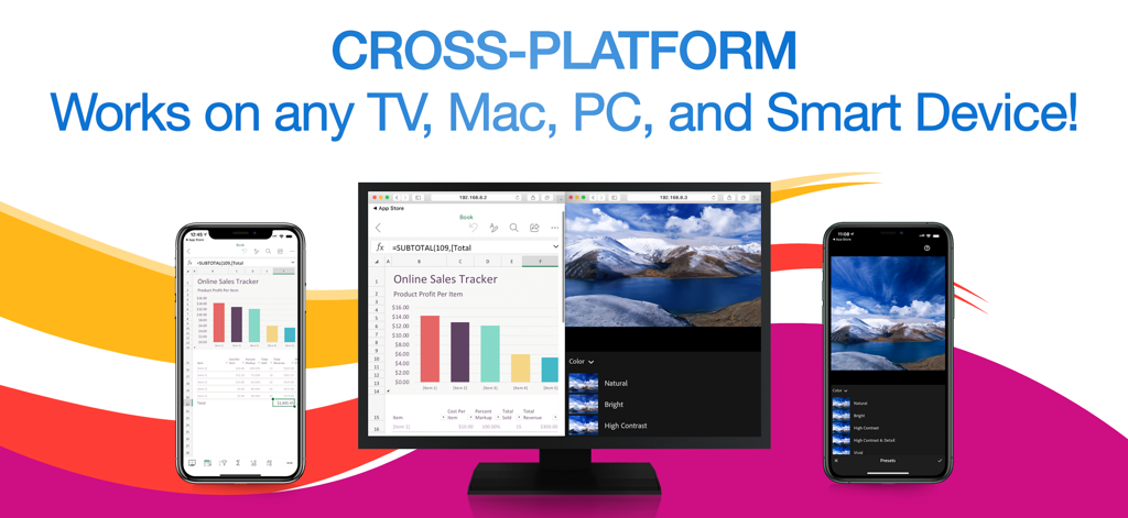 Miracast app showing multiple iPhones mirroring a spreadsheet and a photo simultaneously to a computer monitor