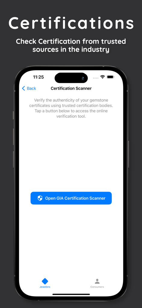 Gem Genius AI app screenshot showing the GIA certification scanner tool for verifying gemstone authenticity