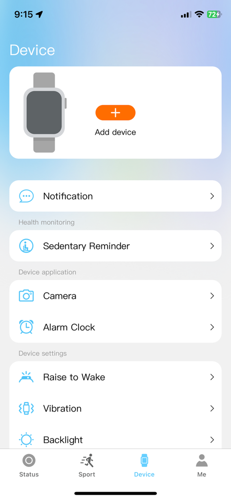 Scheda dispositivo dell'app RIRO SMART con opzioni di configurazione dello smartwatch