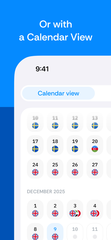Country Days Tracker: Bounded - Calendar view showing daily country visits with flags in the Bounded app