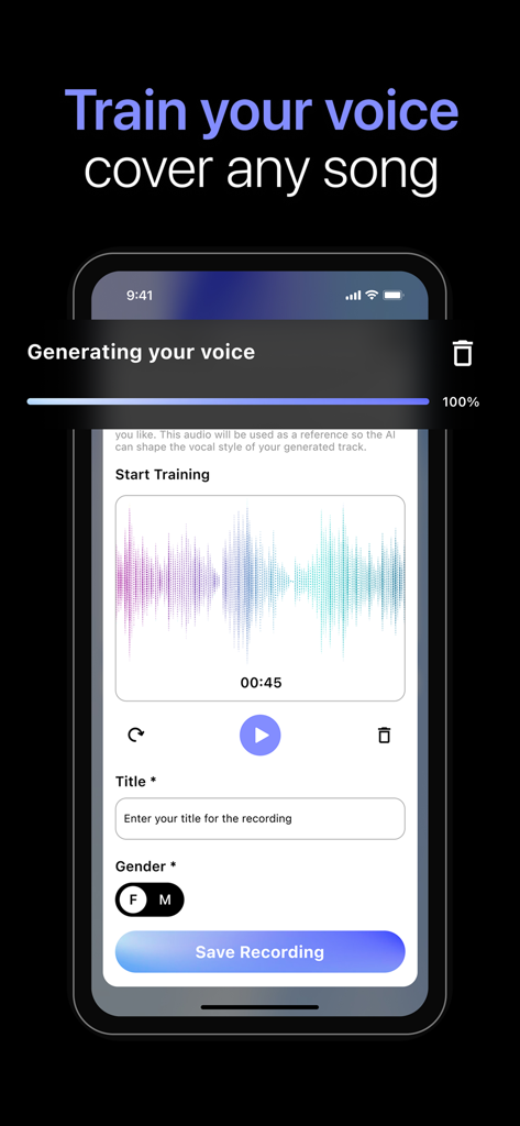 AI Music · Song & Cover Maker - Interfaz de una aplicación móvil que muestra la función de entrenamiento y clonación de voz con una forma de onda de audio colorida y una barra de progreso del 100 por ciento.
