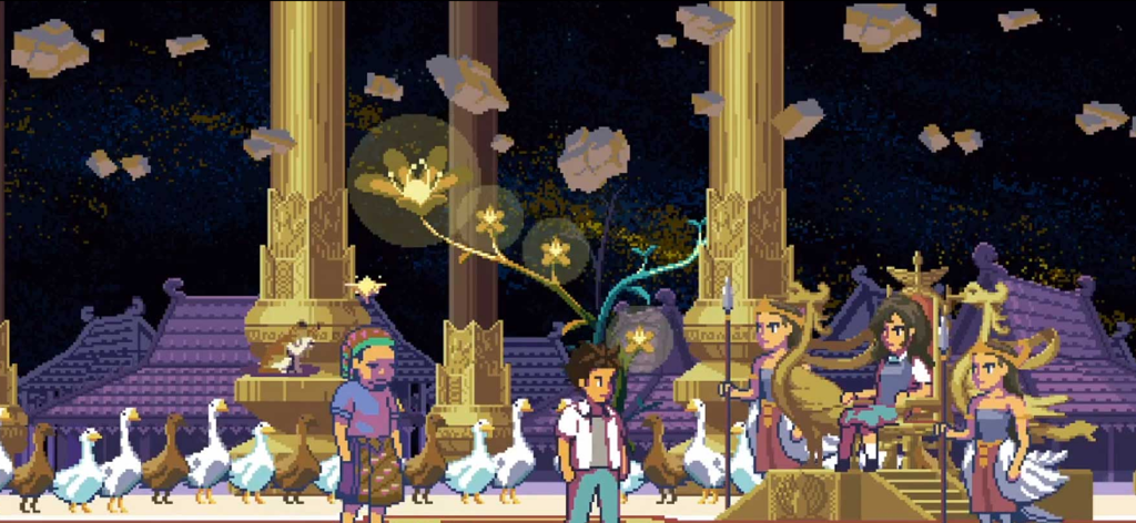 Pixel art scene from A Space for the Unbound showing characters and ducks in a mystical temple with floating debris