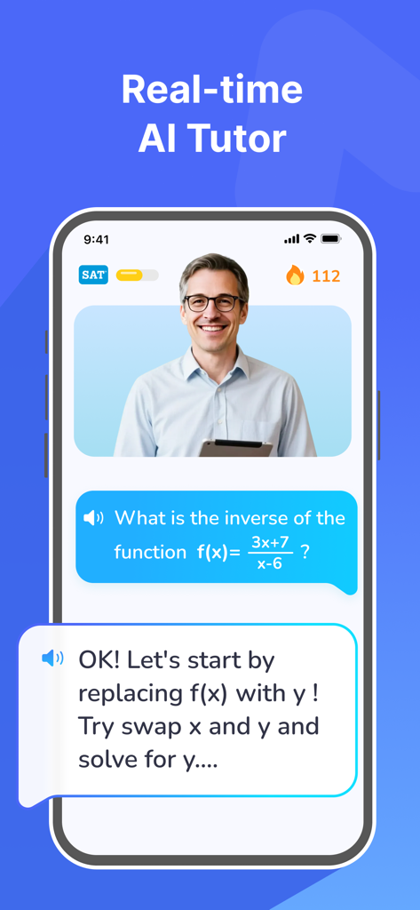 A real time AI tutor in the AlphaTest app providing step by step math guidance for SAT prep