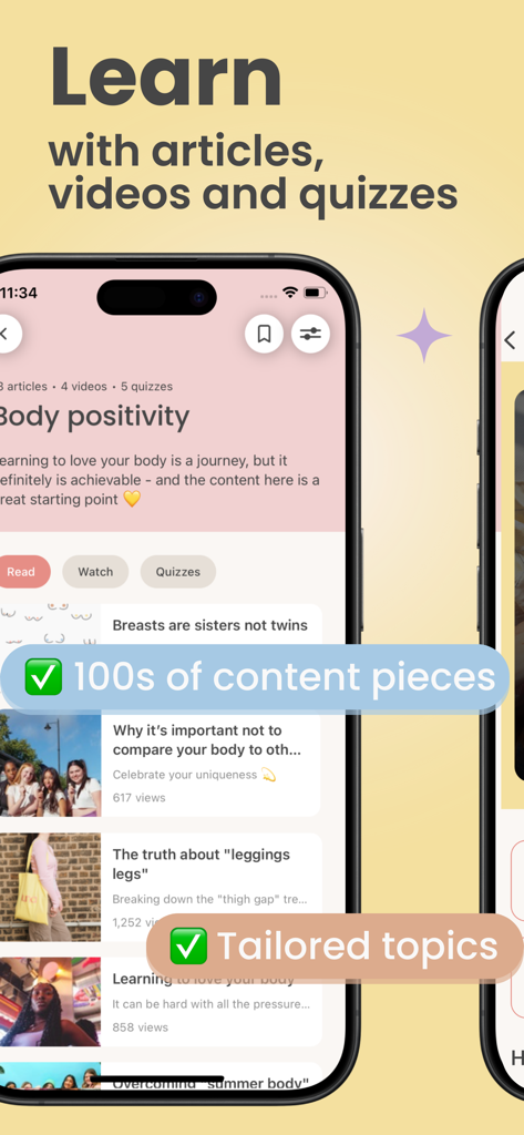 luna: teen health & period app - Uno screenshot della sezione apprendimento dell'app luna con articoli, video e quiz sulla positività corporea per adolescenti.
