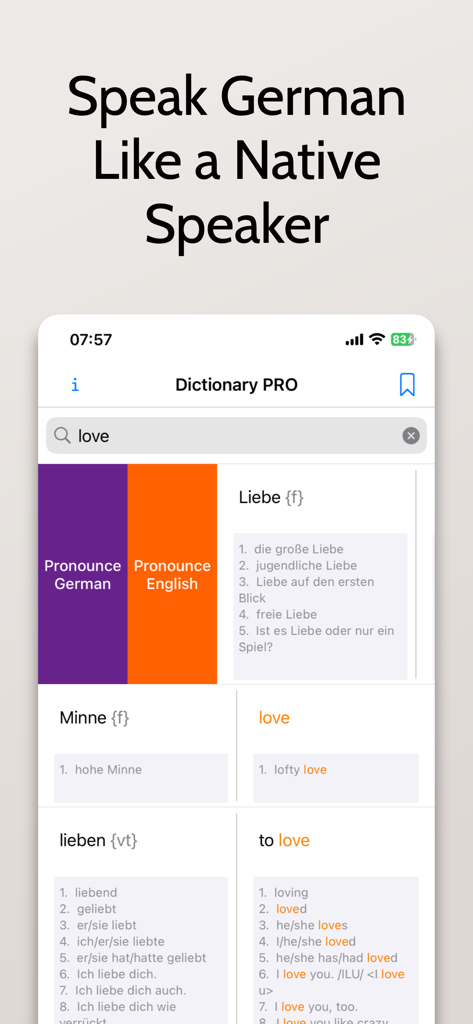 German English dictionary app showing word translations for love and pronunciation buttons