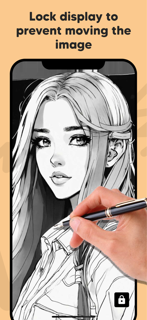 A person tracing an anime style drawing on a smartphone screen using the Lightbox draw app with the lock display feature enabled