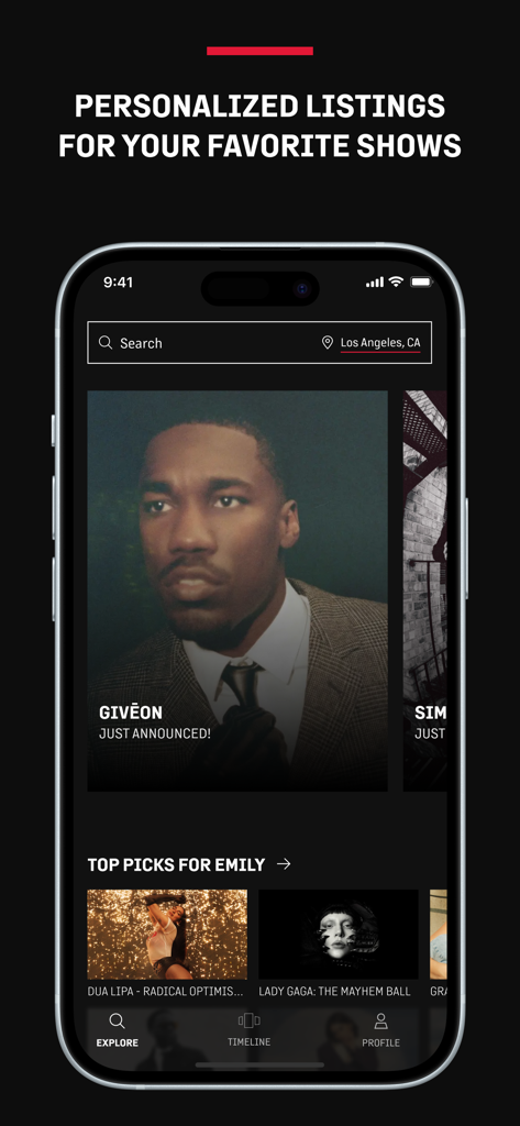 Live Nation app interface displaying personalized concert listings and artist recommendations.