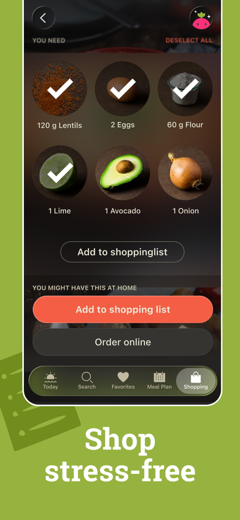 Mobile App-Oberfläche, die eine Einkaufsliste mit frischen Zutaten und einer Option zur Online-Bestellung anzeigt