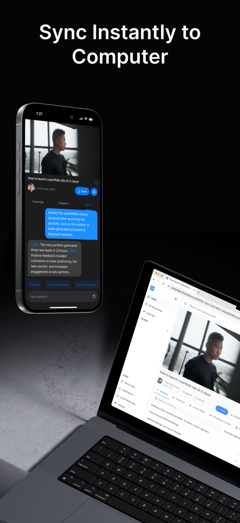 ScreenApp Meeting Minutes AI - iPhone and MacBook Pro syncing meeting minutes and video transcripts through the ScreenApp platform