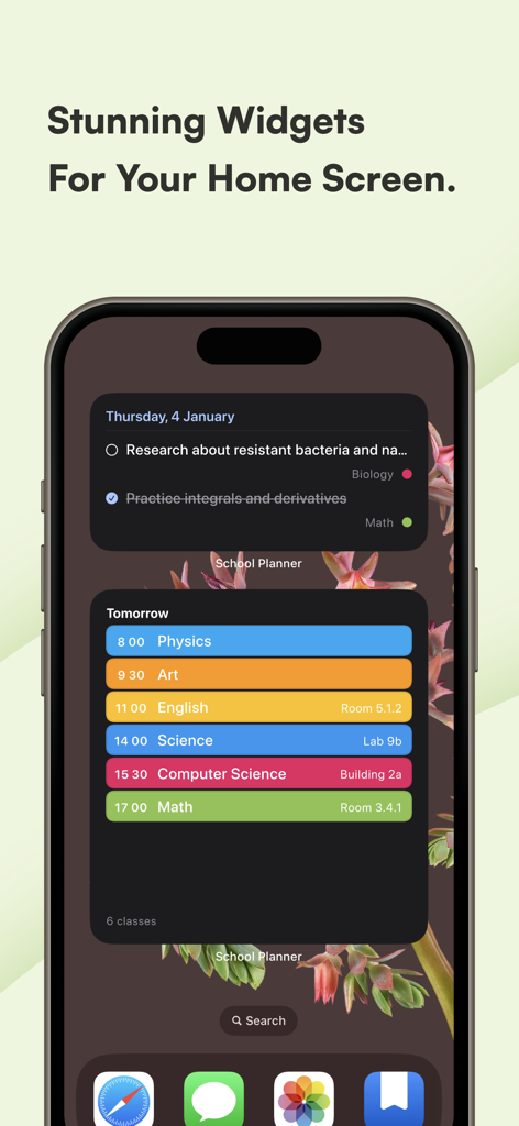 School Planner & Timetable - A smartphone screen displaying aesthetic and color-coded school planner widgets for tasks and class timetables.