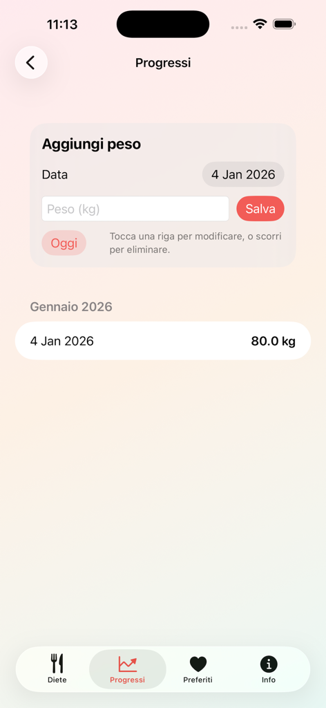 Dieta - Segreti Per Dimagrire - Mobile screen showing weight progress and entry history in the Dieta app
