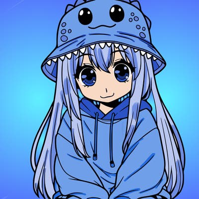 girl with anime shaped eyes with a dinosaur bucket hat oversized sweatshirt long straight hair